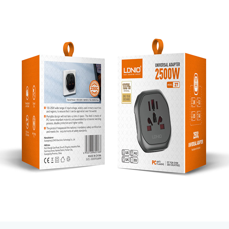 LDNIO Z7 Universal Travel Adapter – 2500W Worldwide Plug Converter with UK, US, EU & AU Compatibility
