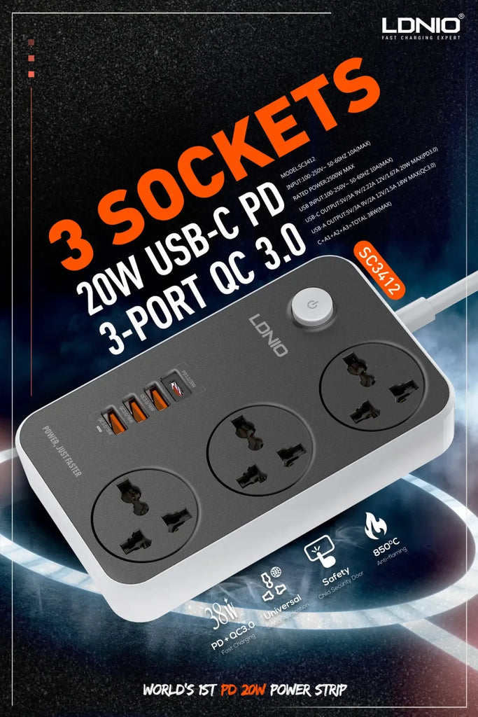 LDNIO 3 AC Outlets Universal Extension Power Cord