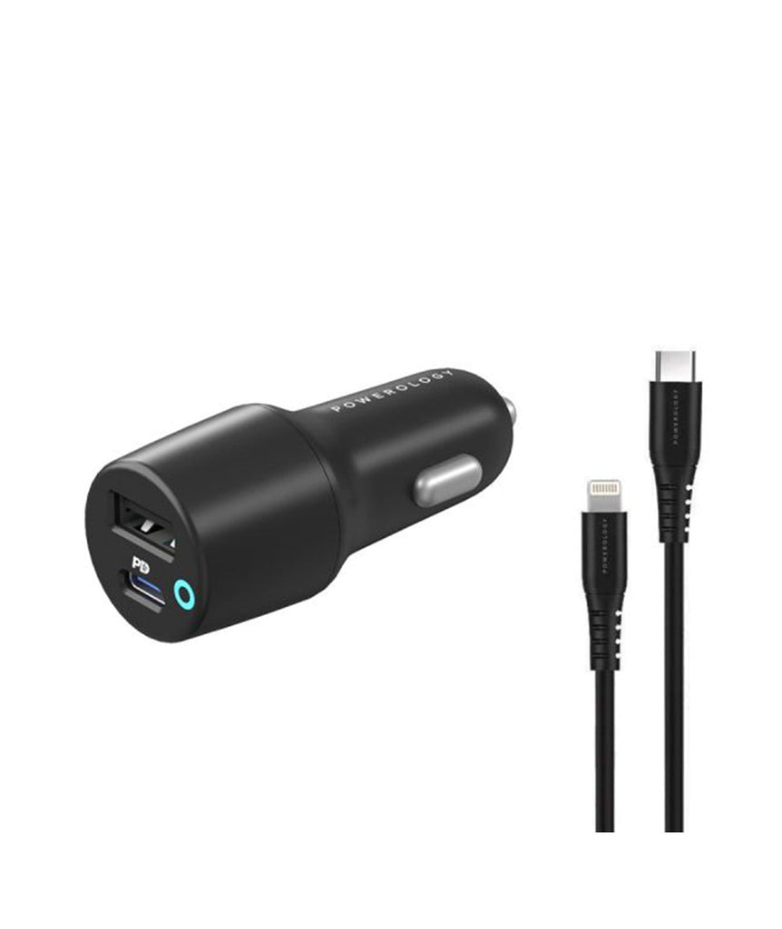 Powerology 32W Dual Port USB Car Charger with USB-C to Lightning Cable